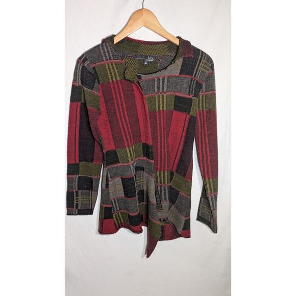Liv by Habitat Womens Patchwork Sweater Sz XS Artsy Plaid Earthy Red Green Boho - Picture 2 of 7
